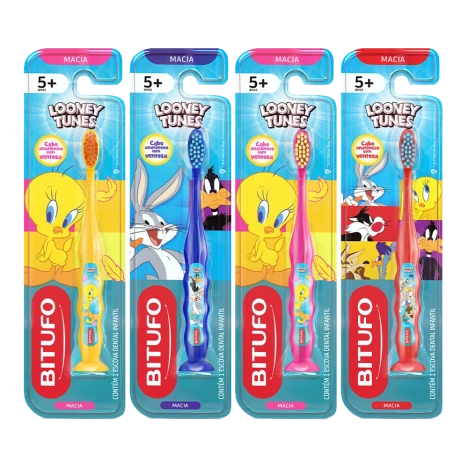 Escova De Dente Bitufo Kids Ventosa Looney Tunes Macia 5anos+
