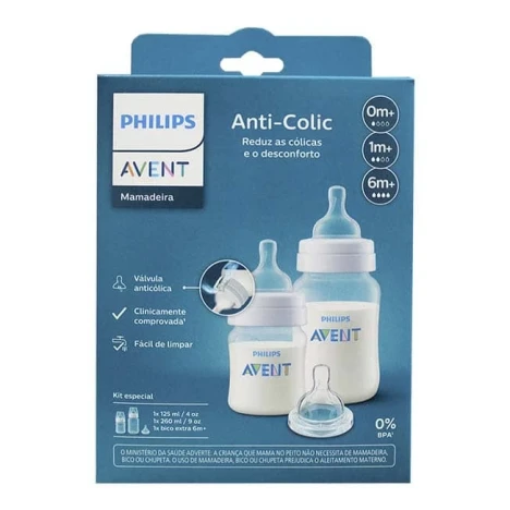 KIT MAMADEIRA AVENT 125/260ML ANTI.COLIC 3.0 TRANSP. + BICO N4