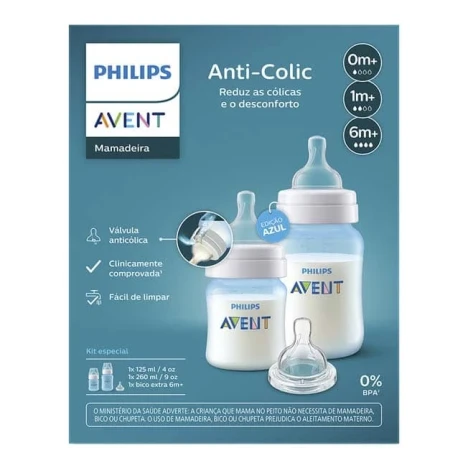 KIT MAMADEIRA AVENT 125/260ML ANT.COLIC 3.0 AZUL + BICO N4