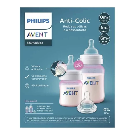 KIT MAMADEIRA AVENT 125/260ML ANT.COLIC 3.0 ROSA + BICO N4