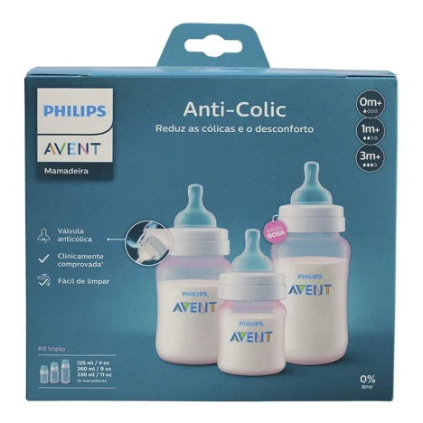 KIT MAMADEIRA AVENT 125/260/330ML ANTI.COLIC 3.0 ROSA