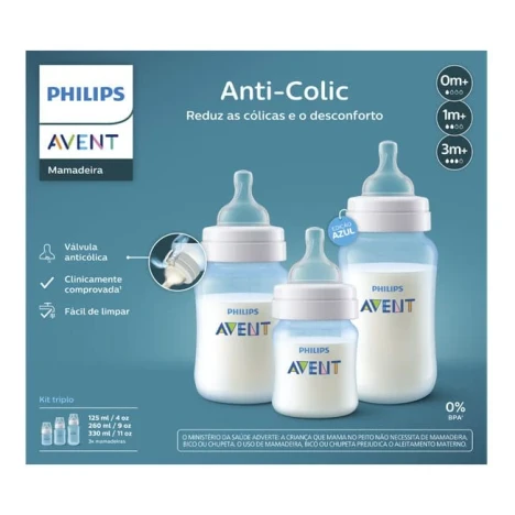 KIT MAMADEIRA AVENT 125/260/330ML ANTI.COLIC 3.0 AZUL