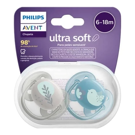 CHUP.AVENT ULTRA SOFT 6 A 18 MESES AZUL/CINZA PASSARINHO/FOLHAS C/2
