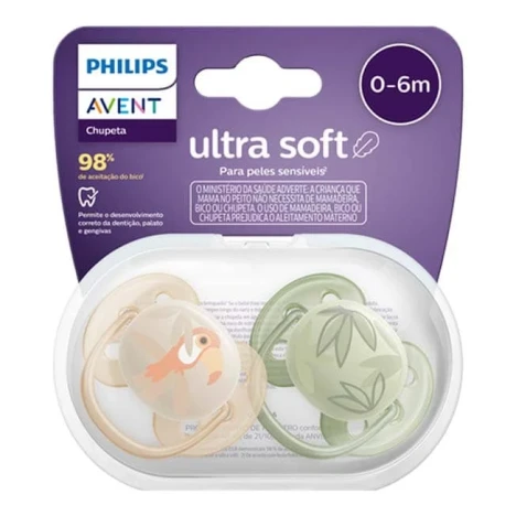 CHUP.AVENT ULTRA SOFT 0 A 6 MESES LARANJA/VERDE TUCANO/FOLHAS C/2