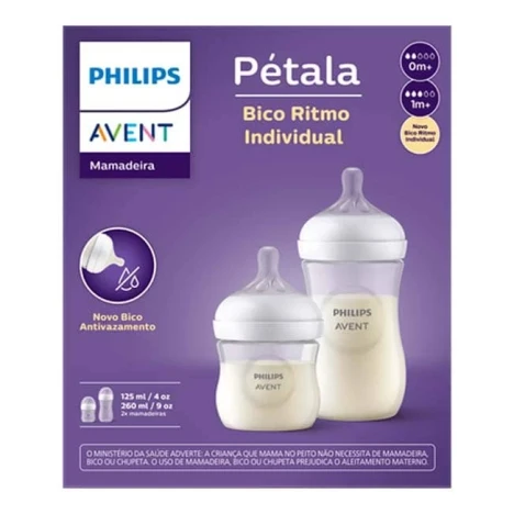KIT MAMADEIRA AVENT 125/260ML PETALA 3.0 TRANSPARENTE